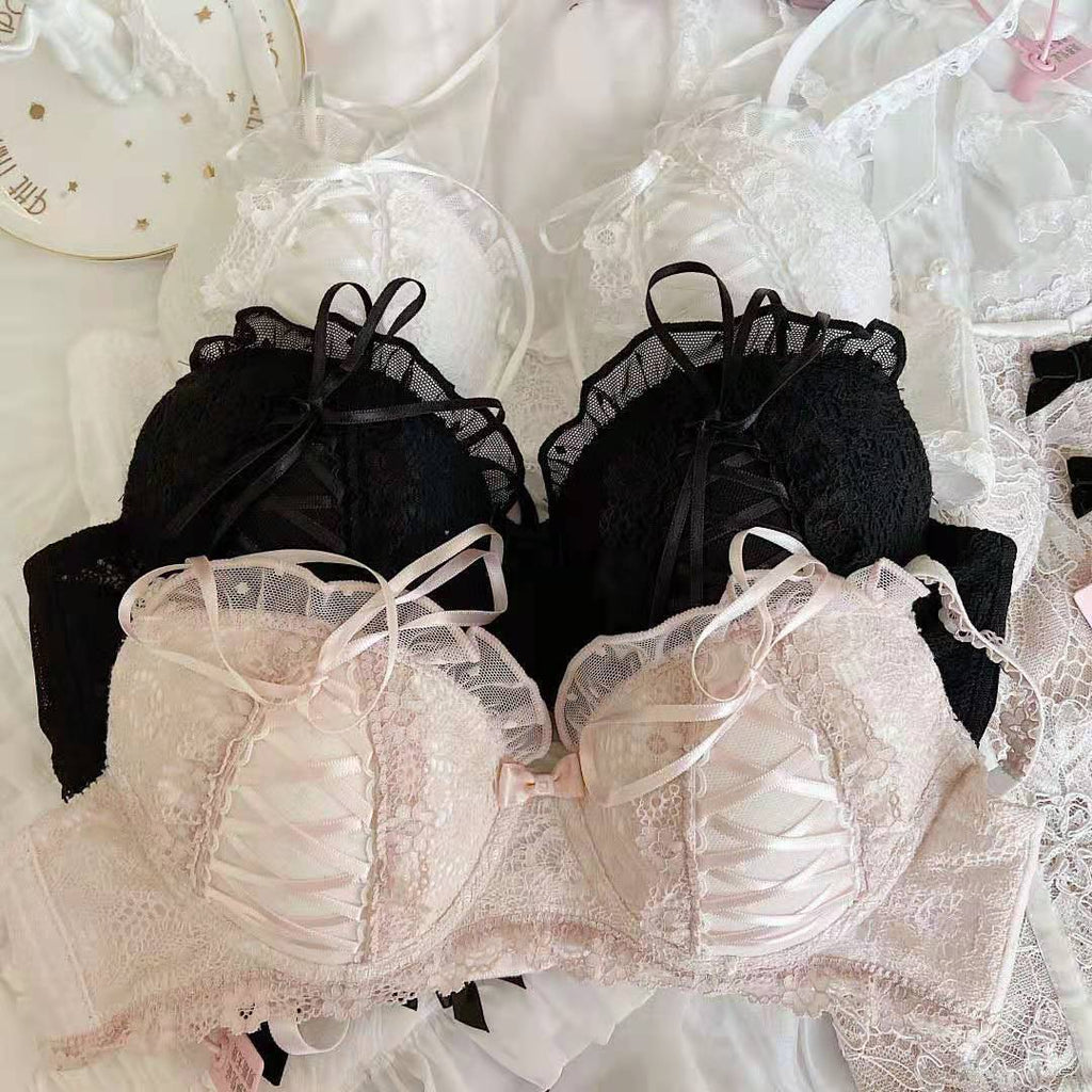 Lolita Girls Lace Padded Bra Sets Women Underwear Intimates Bralette Lingerie Japanese Ruffled Sweet Sexy Thin Cup Panties