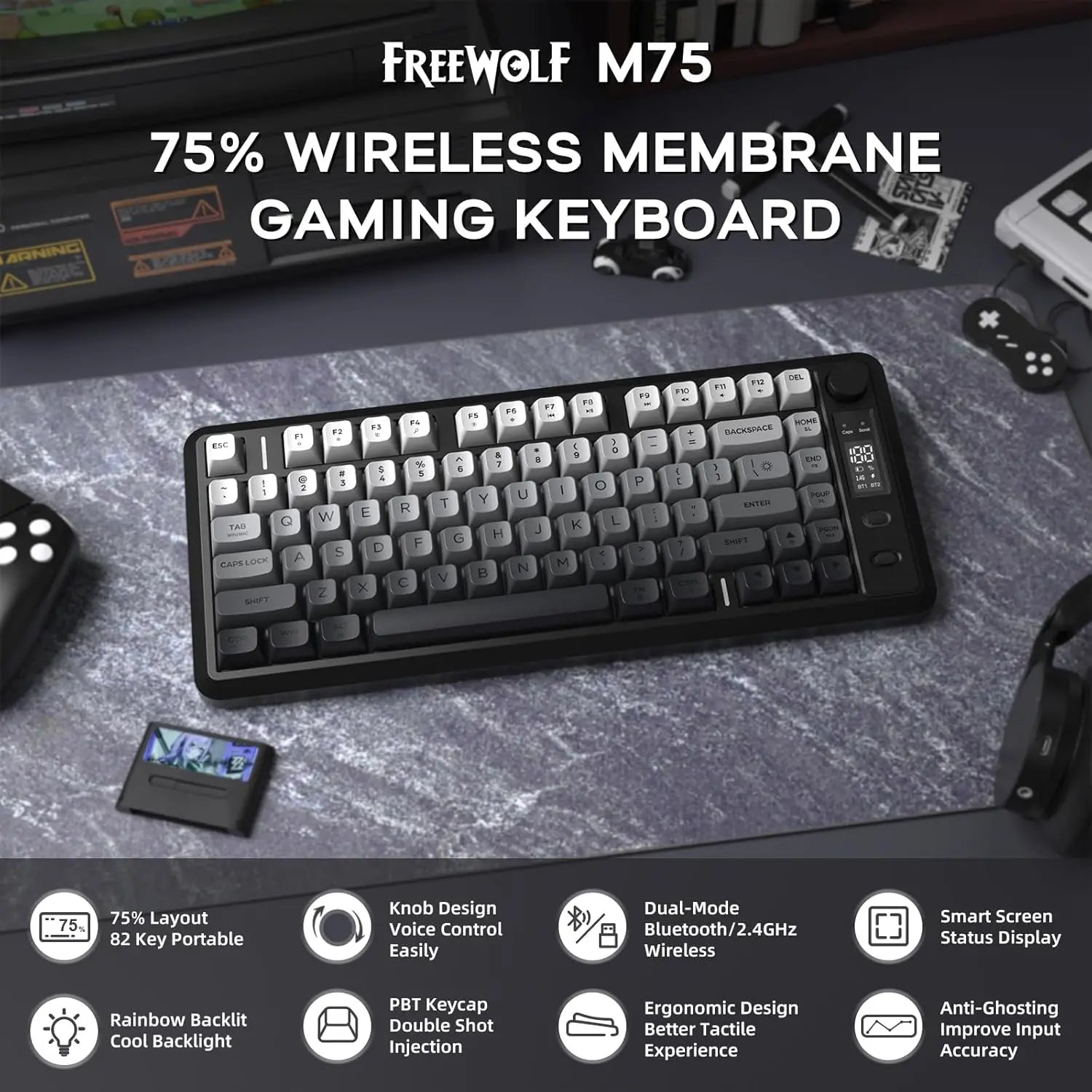 ATTACK SHARK M75 Wireless Membrane Gaming Keyboard with Knob&OLED Display Bluetooth/2.4Ghz Rainbow Backlit Gradient PBT Keycaps Main image