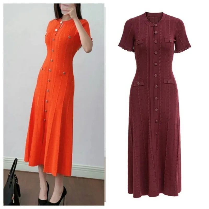 Summer Solid Round Neck Short Sleeved Office Lady Knitted Dress Women Korean Single Breasted Hollow Out Long Dress Fashion Trend Main image