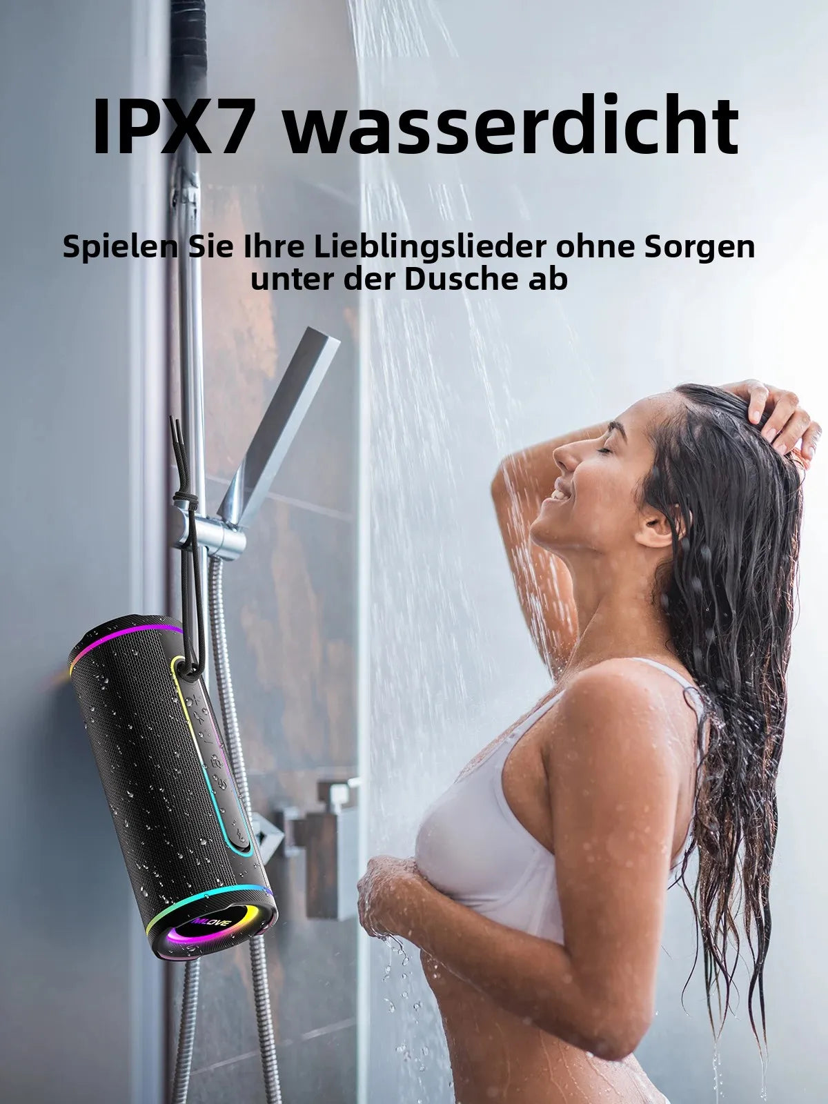 MLOVE E80 Portable Bluetooth Speaker – Powerful Dual Sound, Colorful RGB Lighting, Fully Waterproof (IPX7), TWS Enabled