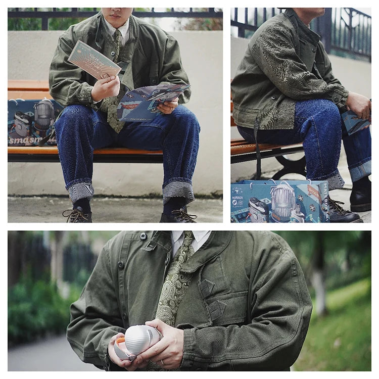 Swedish motorcycle jacket, men's retro military green casual cropped jacket, 100% cotton canvas workwear asymmetric safari style