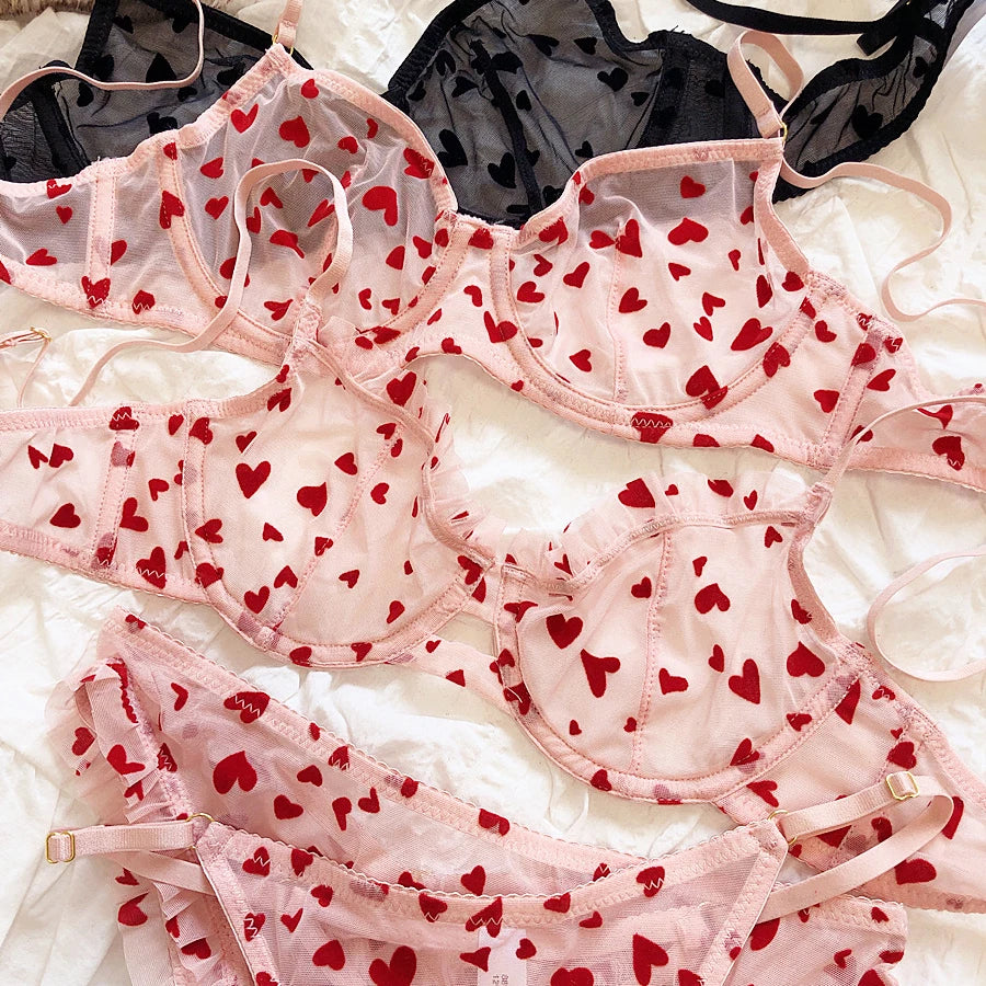 New Lingerie Thongs Set Sexy Ultra Thin Transparent Bra Women Underwire Push Up Bra Set Summer Romantic Peach Heart Underwear Main image