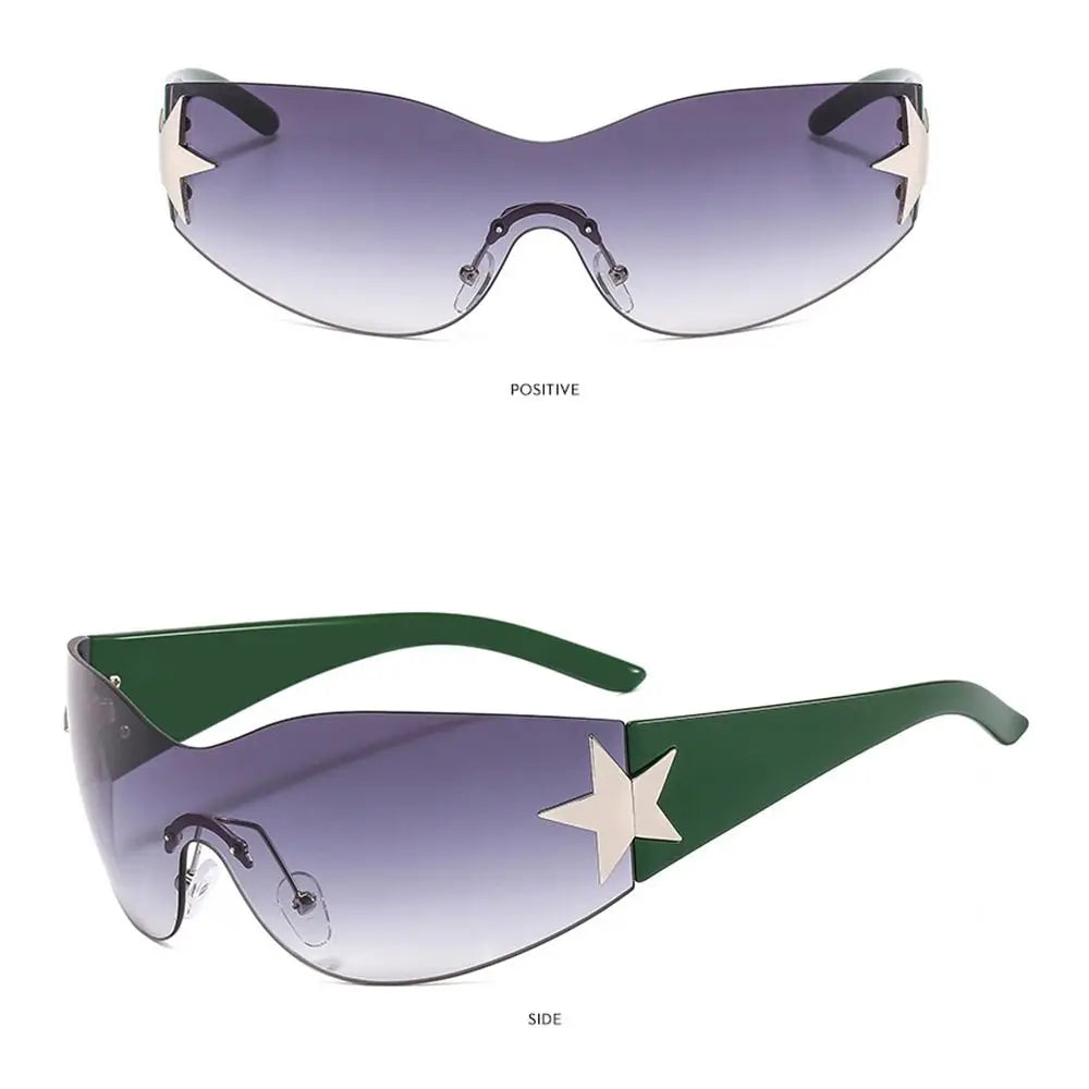 New Y2K Rimless Punk Sunglasses Goggle Women Men Luxury Brand Wrap Around Sun Glasses Five Star Eyewear Sports One Piece Shades