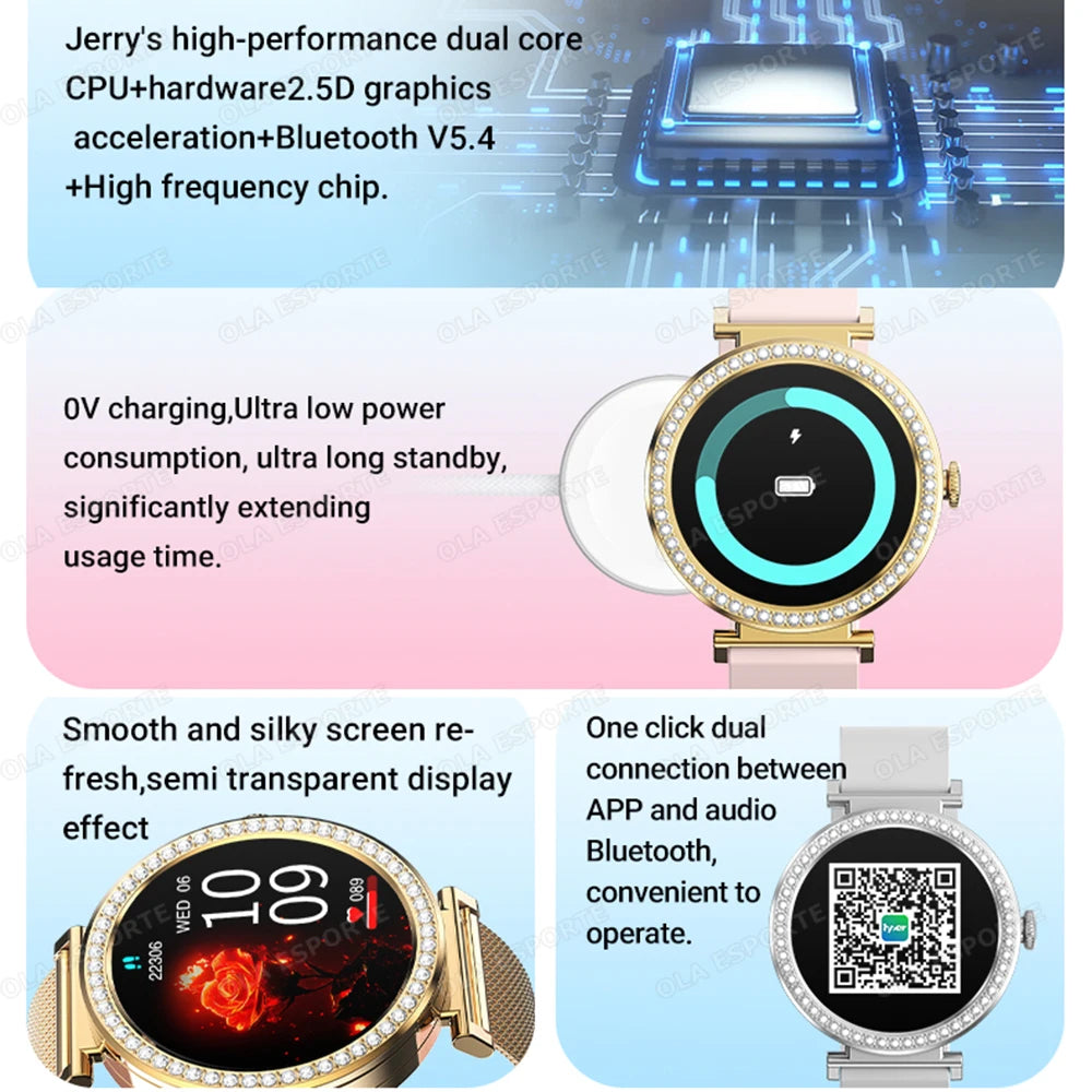 Fashion Zircon Smart Watch 1.46" AMOLED Screen 5.4 Bluetooth Call Heart Rate Temperature Monitoring Women Smartwatch Pedometer