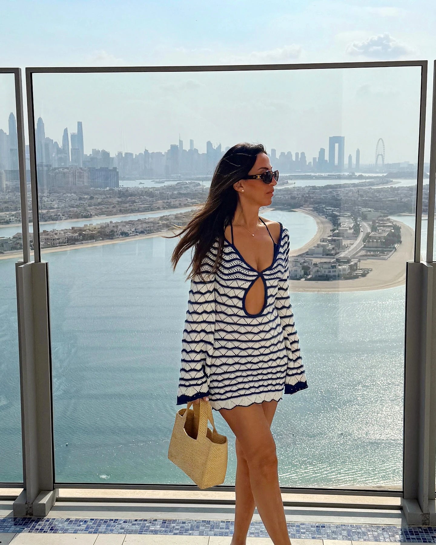 Sexy Boho Striped Chic V-neck Cut Out Bell Sleeve Knit Beach Mini Dress 2026 Summer Women Seaside Holiday Swimsuit Cover Up K123
