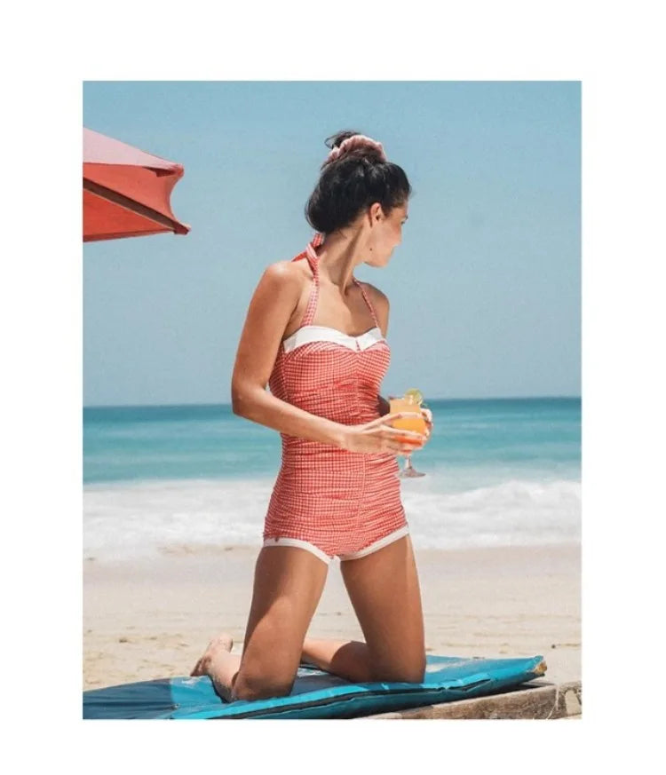 USPOP Vintage Gingham One-Piece Swimsuit for Women, Retro Halter Neck Bathing Suit, Comfortable Summer Beachwear