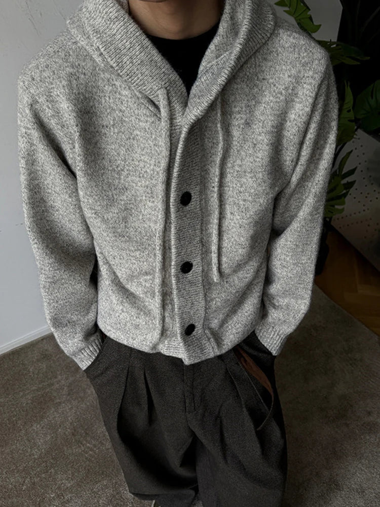 New Casual Luxury Hooded Knitted Cardigan For Man Korean Fashion Loose Button-up Sweater Y2K Vintage Streetwear Knitwear Coat