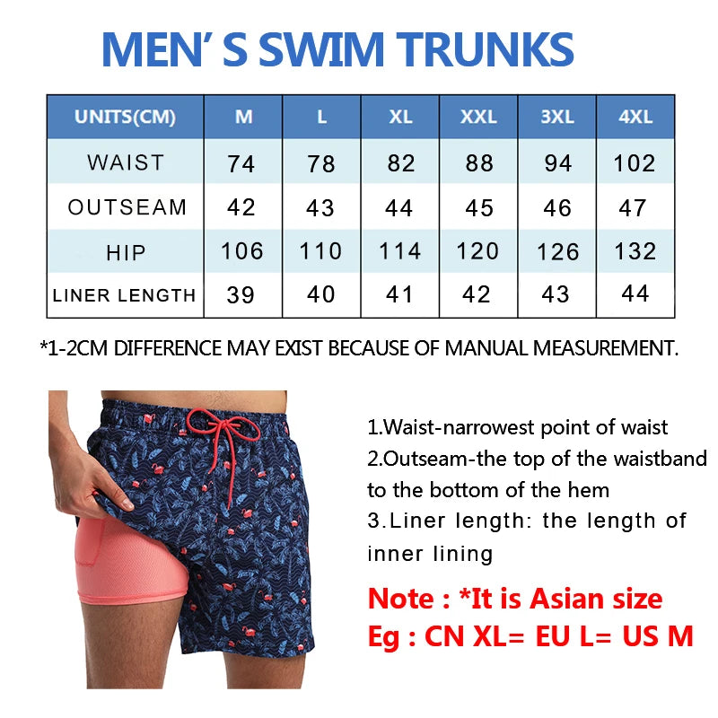 ESCATCH 2026 New Arrival Mens Swimming Trunks Compression Liner 2 in 1 Printing Quick-Dry Gym Sports Mens Shorts Zipper Pockets