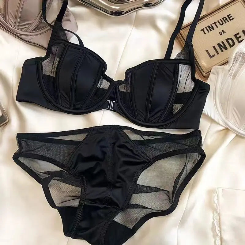 Front Buckle Push Up Bra for Women Lingerie Set Sexy Satin Mesh Semi-Cup Wireless Lift Bra Set with Adjustable Straps S-XL Size Main image