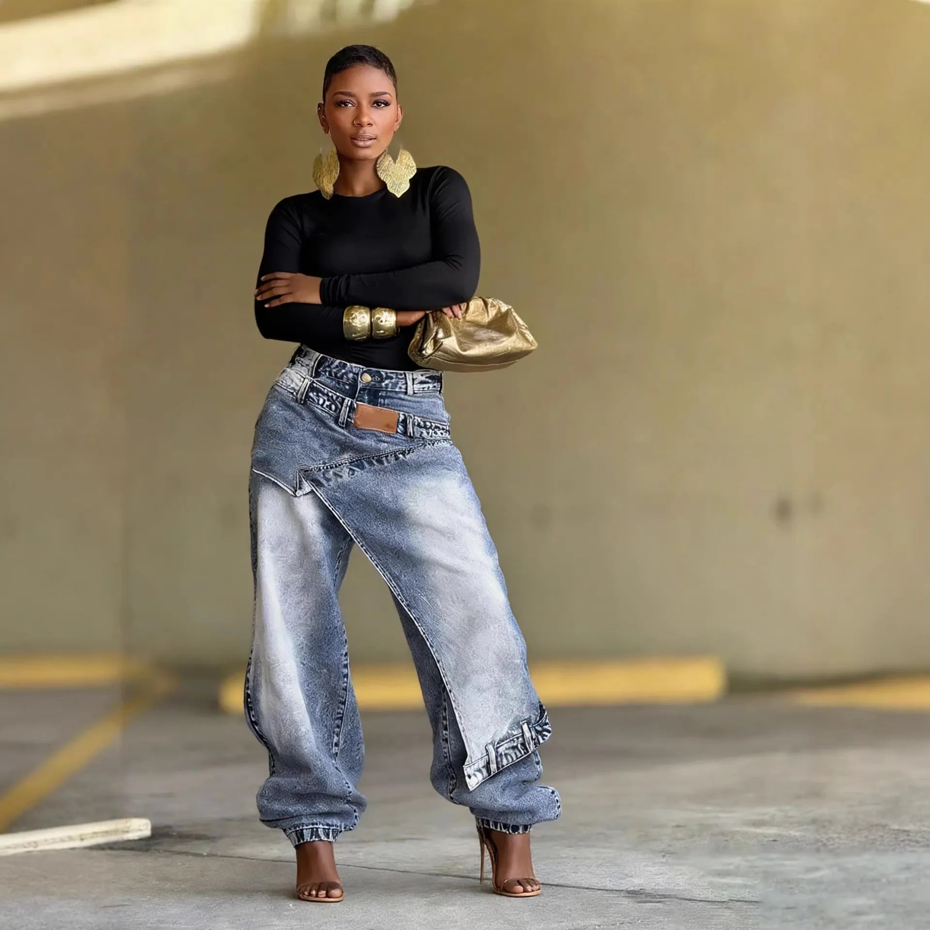 Jeans Women Vintage Wide Leg Pants Denims Washed Streetwear Patchwork Patches Straight Trousers Distressed Floor Length 2026 Main image