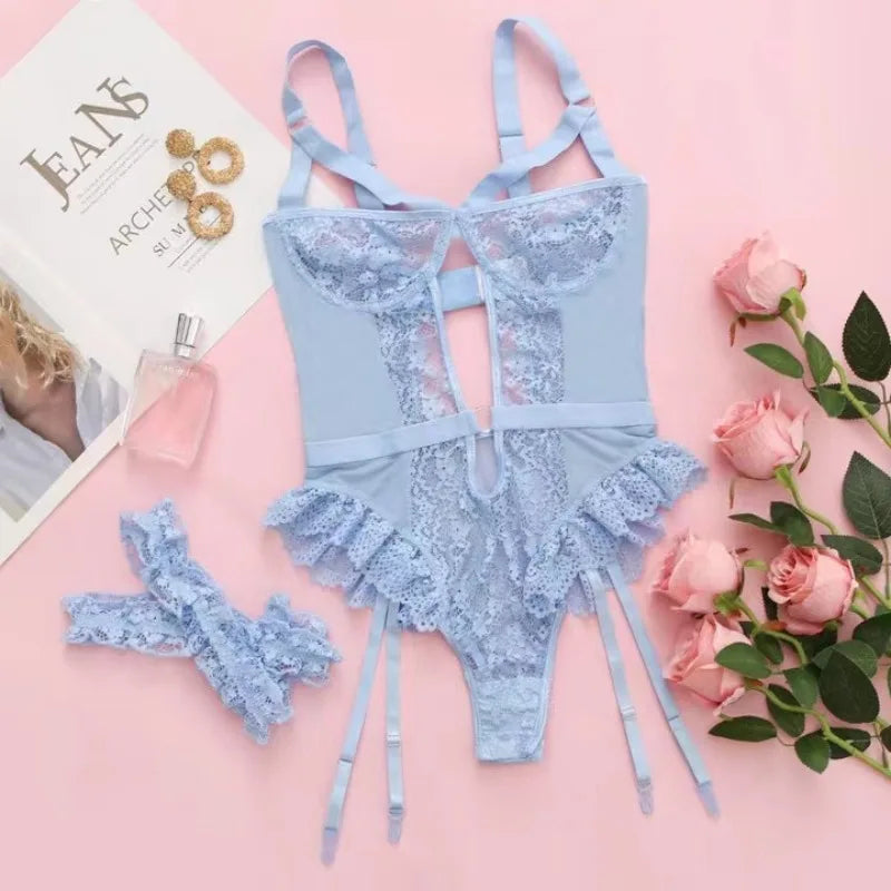 2pcs Red Floral Lace Garter Lingerie Set With Choker Women Intimates 2025 Underwire Bra And Thongs Ladies Underwear Set