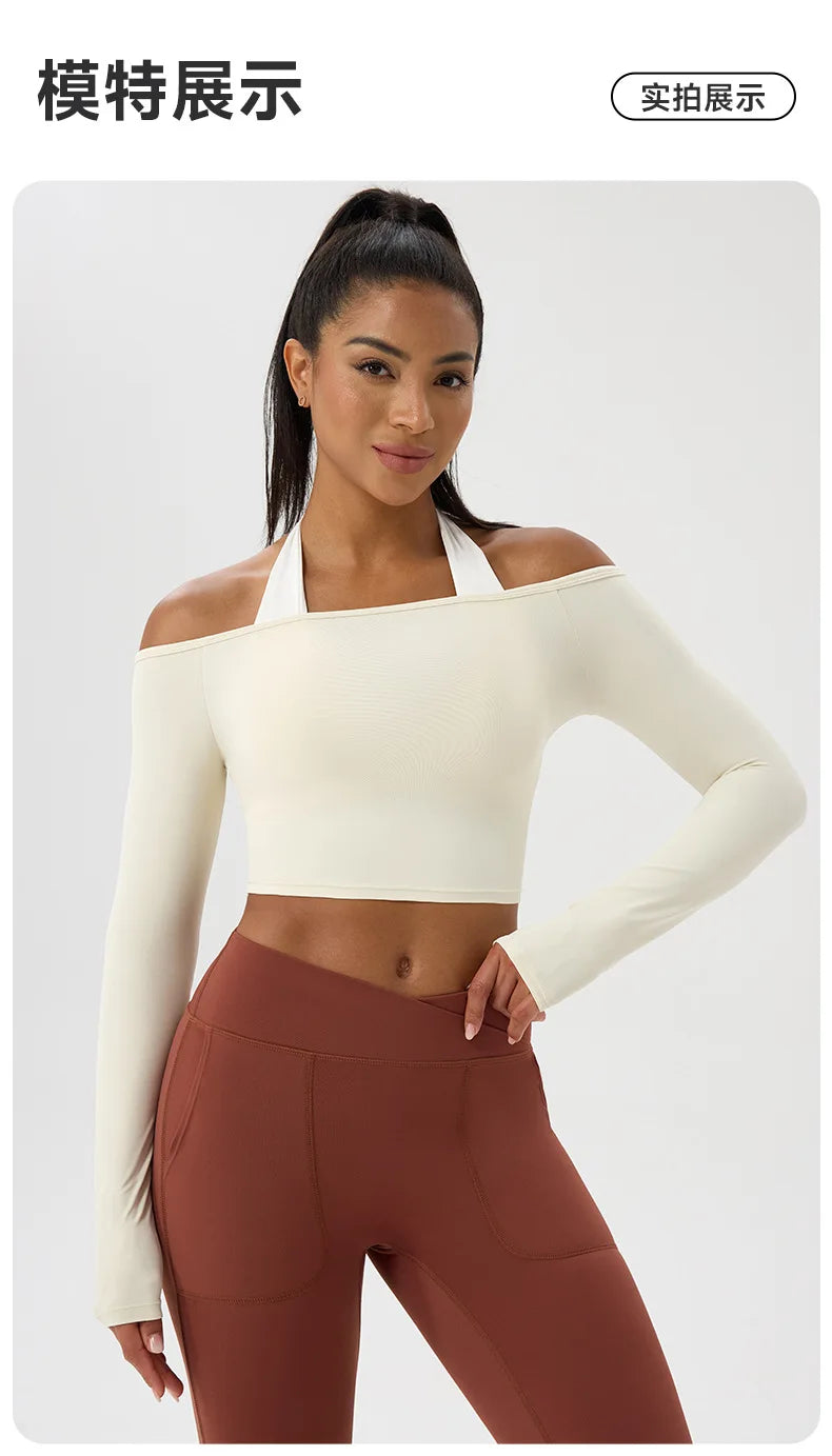 Yoga long-sleeved T-shirt women's one-shoulder sexy tight fitness wear top nude feel quick-drying sports sleeved Yoga Shirts
