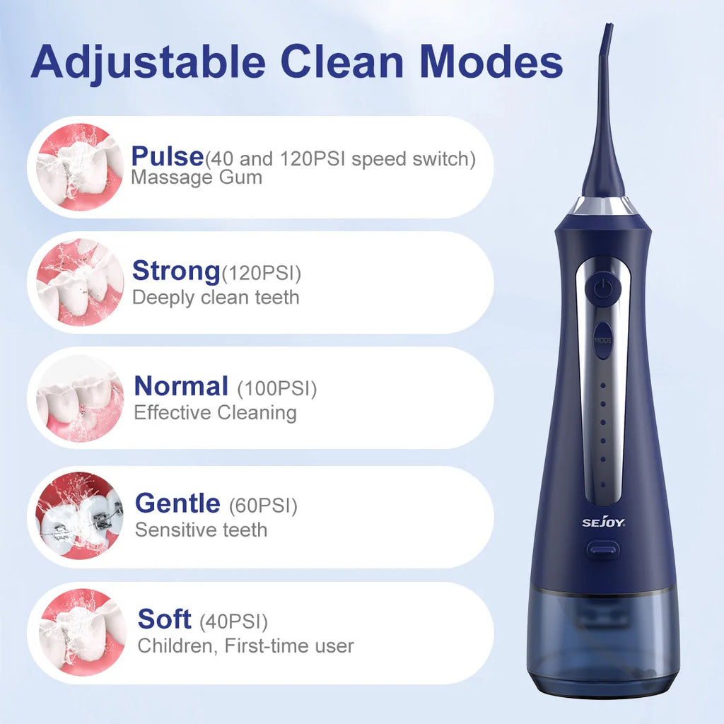 SEJOY Water Flosser Irrigator Dental Teeth Whitening strips Portable 230ML Tank 5 Modes 8 Jet Tips Washing Machine for Home