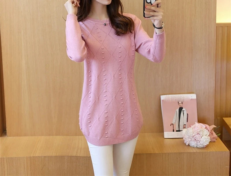 Knitted Jumper Autumn Winter Tops O-neck Long Sleeve Pullovers Casual Warm Women's Sweaters Midi Long Slim Sweater Girls