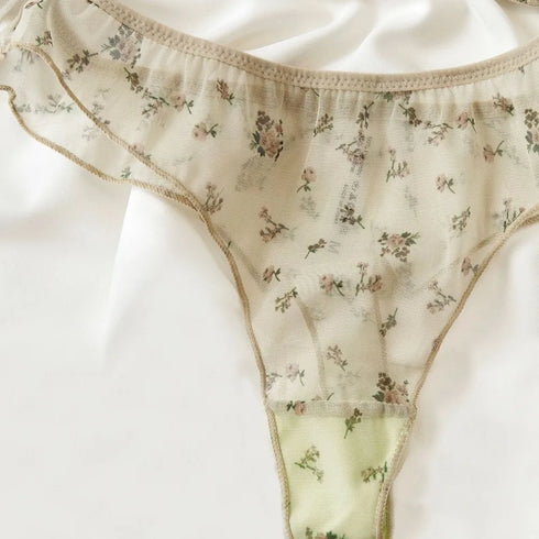 French Ultra Thin Lingerie Set Sexy Lace Floral Prints Bra Fashion Women Underwear Mesh Breathable Intimates Bras and Thong Sets