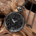 1pc Black Retro Hollow Gear Carved Quartz Pocket Watch Necklace Pendant Clock Chain Men Women Memorial Gift