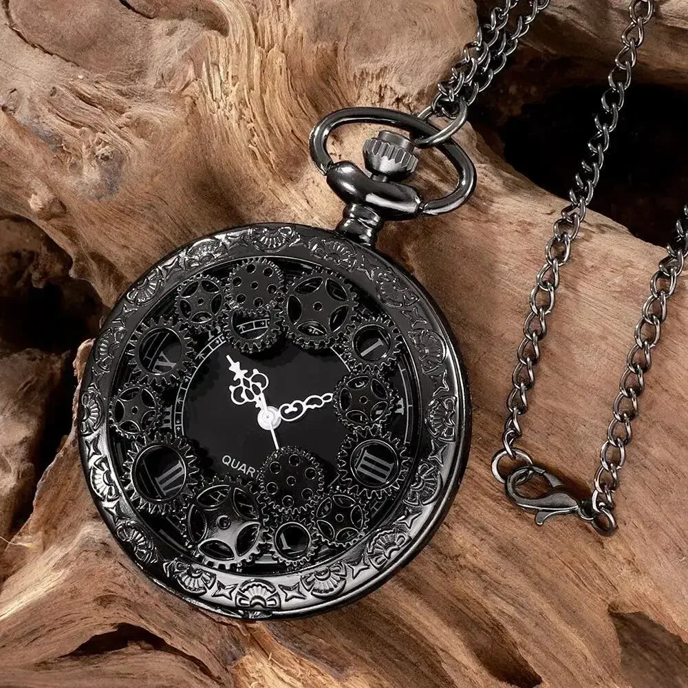 1pc Black Retro Hollow Gear Carved Quartz Pocket Watch Necklace Pendant Clock Chain Men Women Memorial Gift