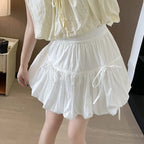Sweet Bow Pleated Fluffy Skirts for Women Summer Korean Style Elastic Waist Lantern Skirt Woman Loose White A-Line Short Skirts
