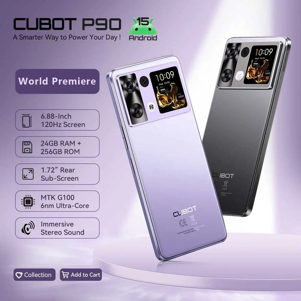 Smartphone Android 15 Cubot P90, 6.88-Inch 120Hz Screen, 24GB RAM+256GB ROM, G100 Octa-core, 2.2GHz, 64MP, 5100mAh,NFC, 4G Phone Main image
