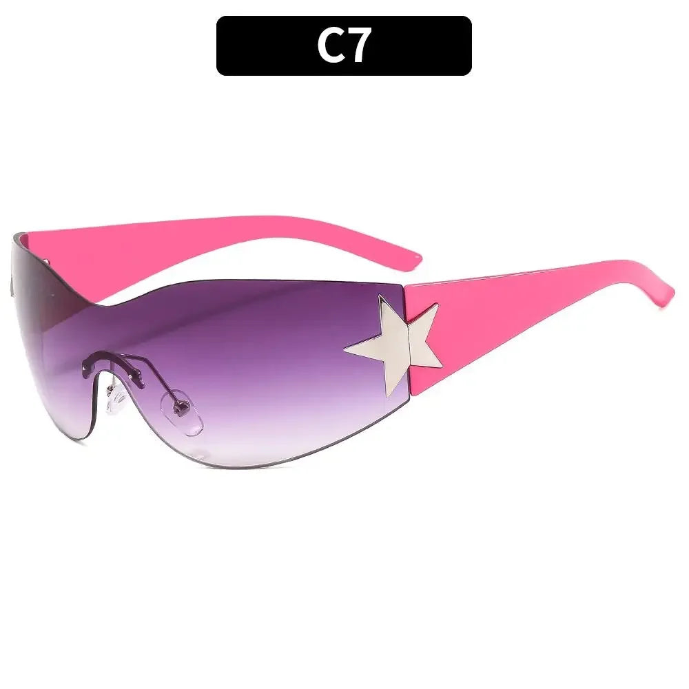 New Y2K Rimless Punk Sunglasses Goggle Women Men Luxury Brand Wrap Around Sun Glasses Five Star Eyewear Sports One Piece Shades