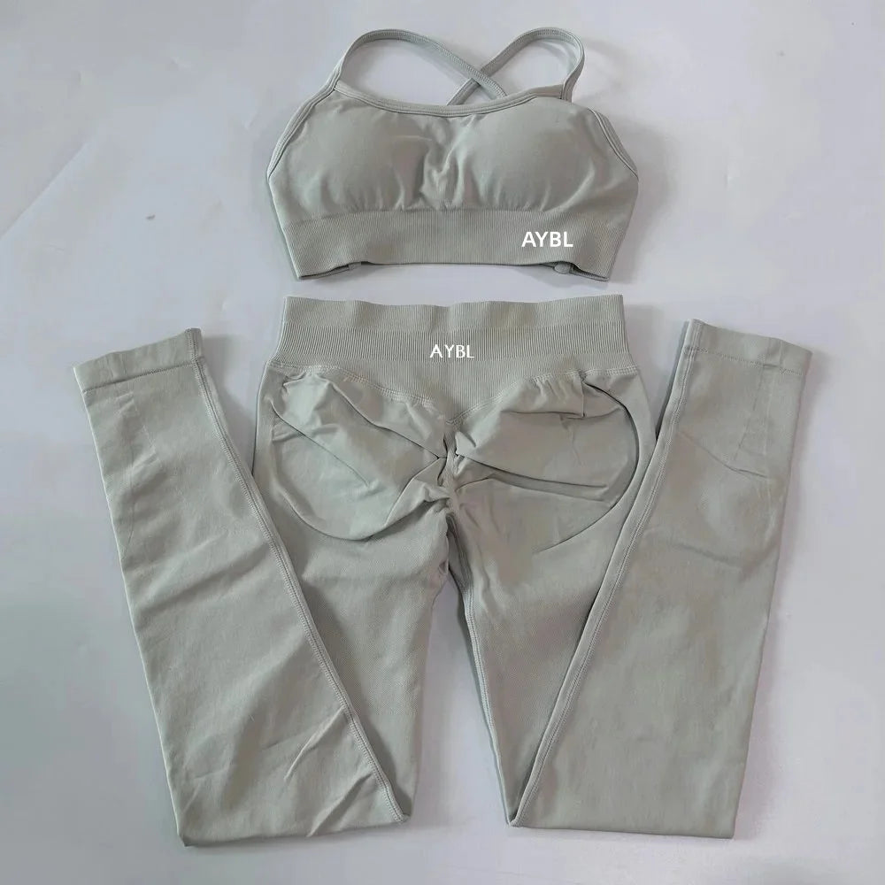 AYBL Yoga Set Seamless Yoga Set 2 Pieces Women Workout Set Scrunch Leggings Backless Sports Bra Fitness Top Gym Pants Clothes