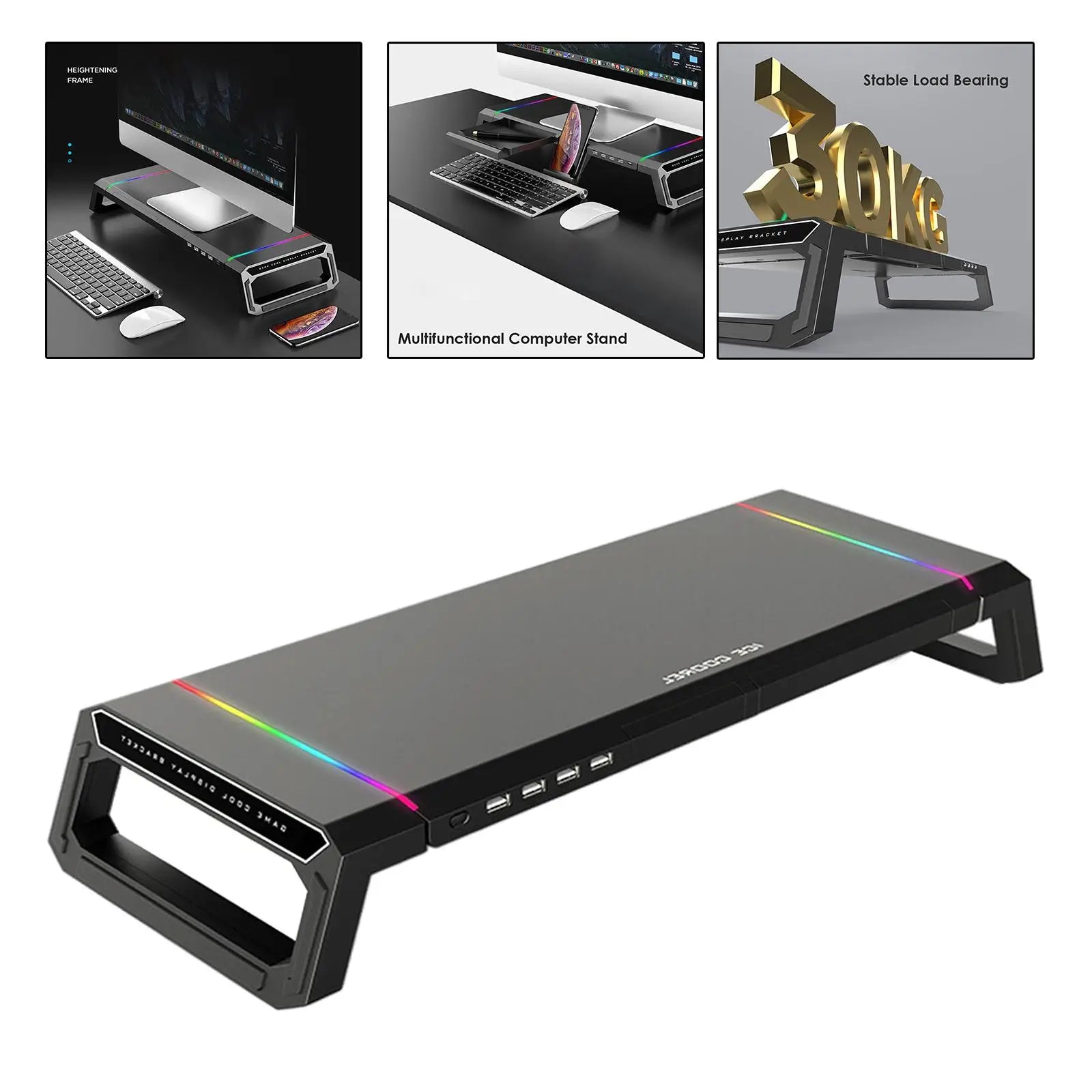 Aluminum RGB Monitor Stand Riser Bracket with 4 USB Ports Desk Organizer All-In-One Computer Laptop Height Stand Holder