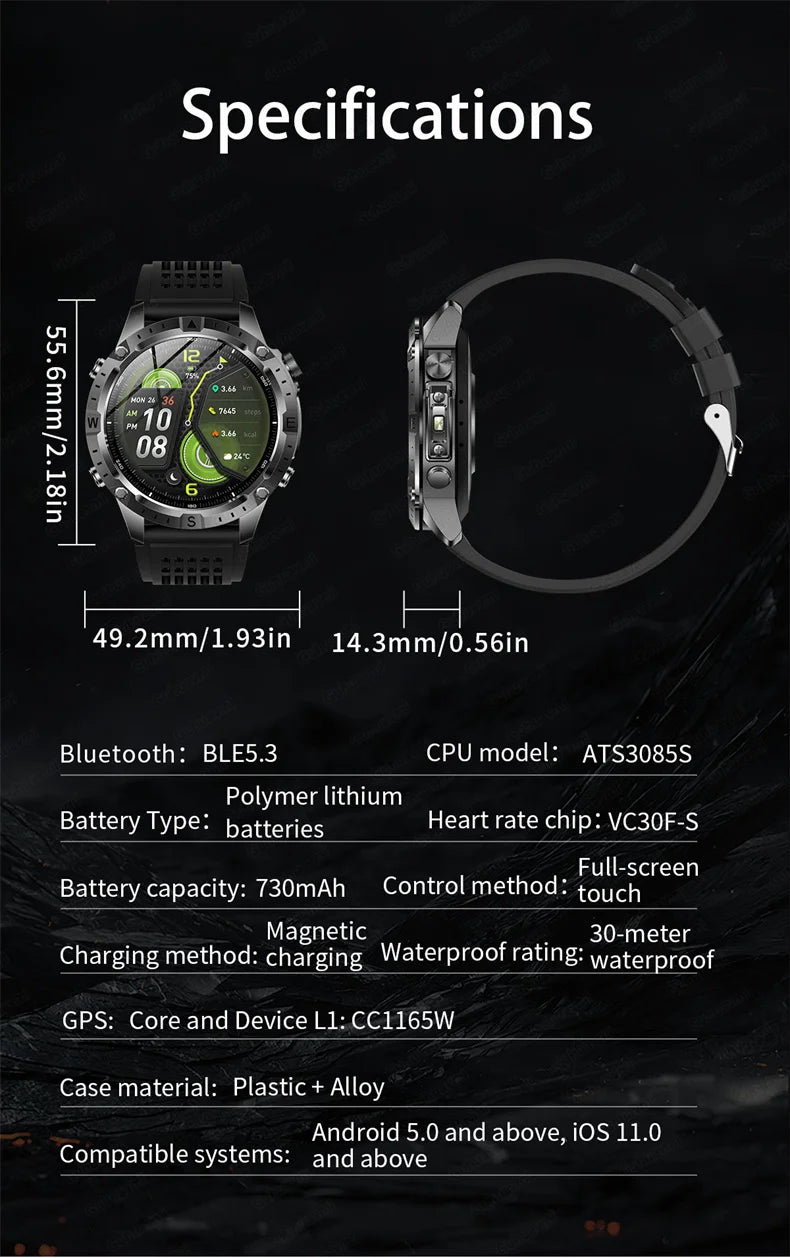 Smart Watch for Men GPS Offline Maps 2G ROM 10ATM Waterproof Heart Rate Diving Skiing Hiking Rugged Durable Smartwatch Men Women