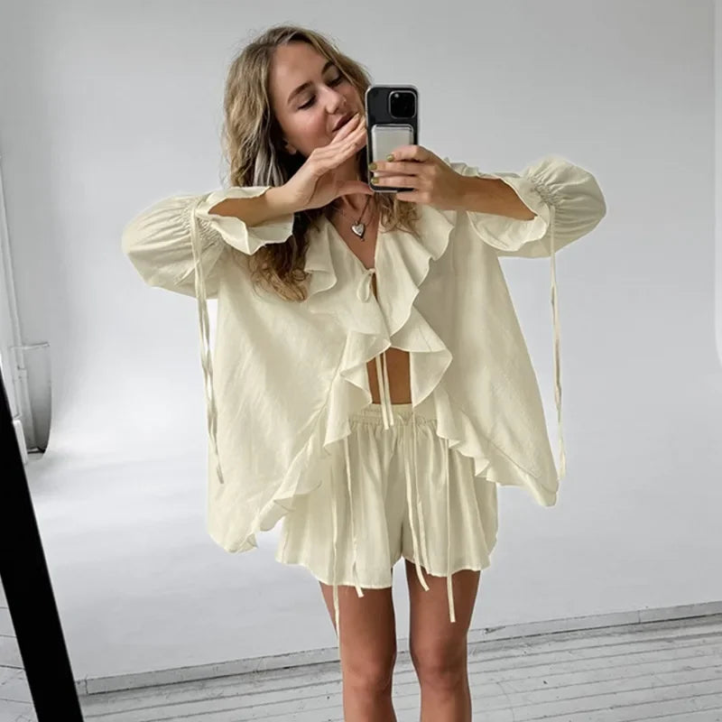 Casual Shorts Two-piece Set For Women Ruffled Loose Tie Top Simple Shorts Set OL Office Lady Summer Female Shorts Suit Secondary image