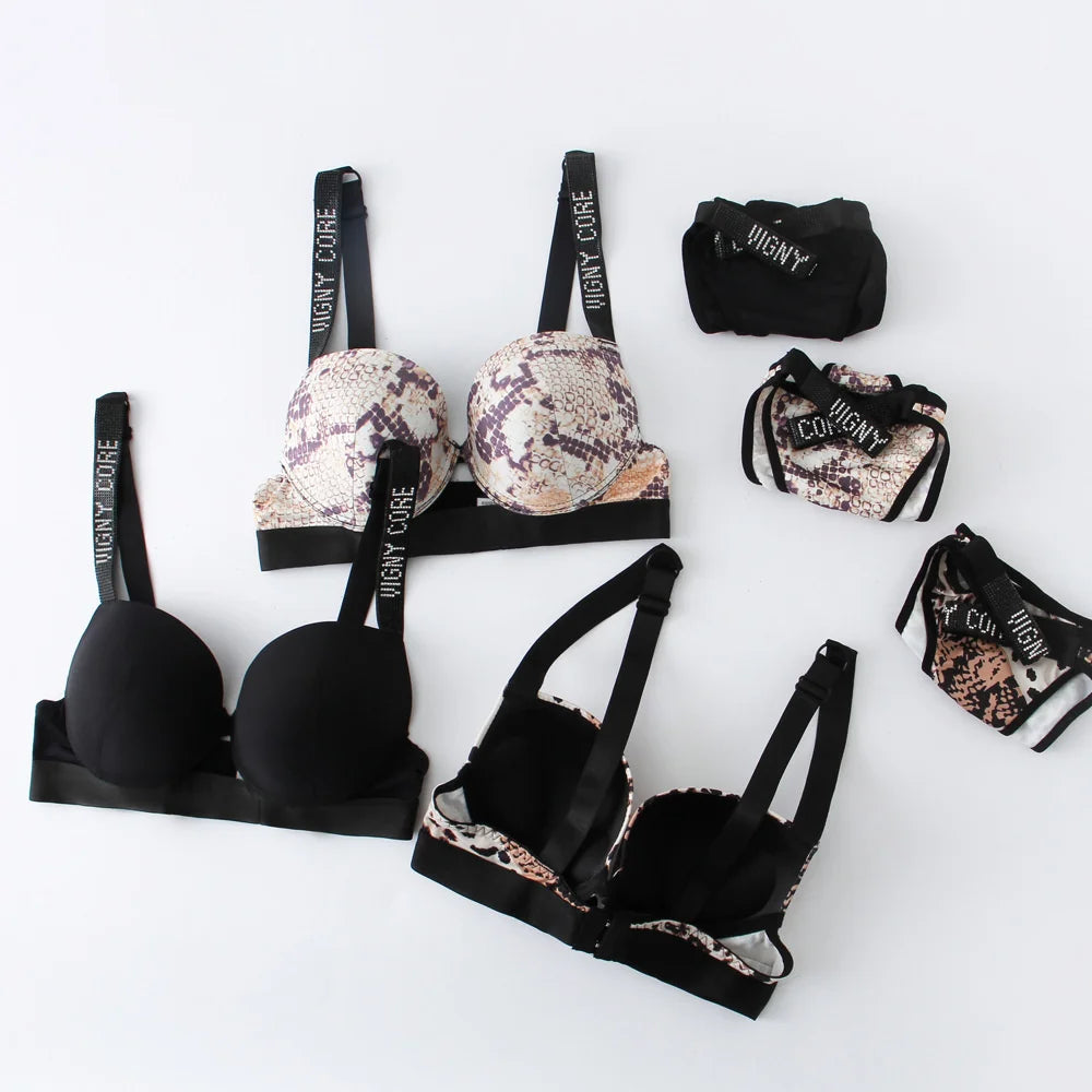 Letter Rhinestone Sports Leopard Sexy Lingerie Set Gathered Push Up Seamless Bra Set Fashion Traceless Thin Fitness Underwear