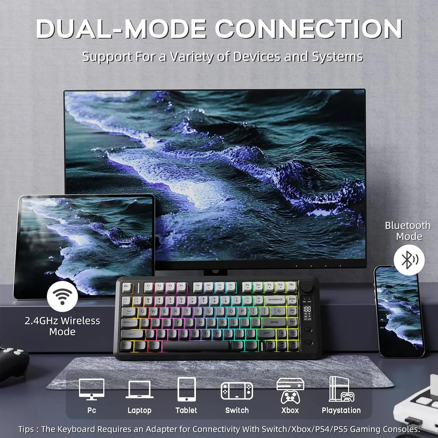 ATTACK SHARK M75 Wireless Membrane Gaming Keyboard with Knob&OLED Display Bluetooth/2.4Ghz Rainbow Backlit Gradient PBT Keycaps Secondary image