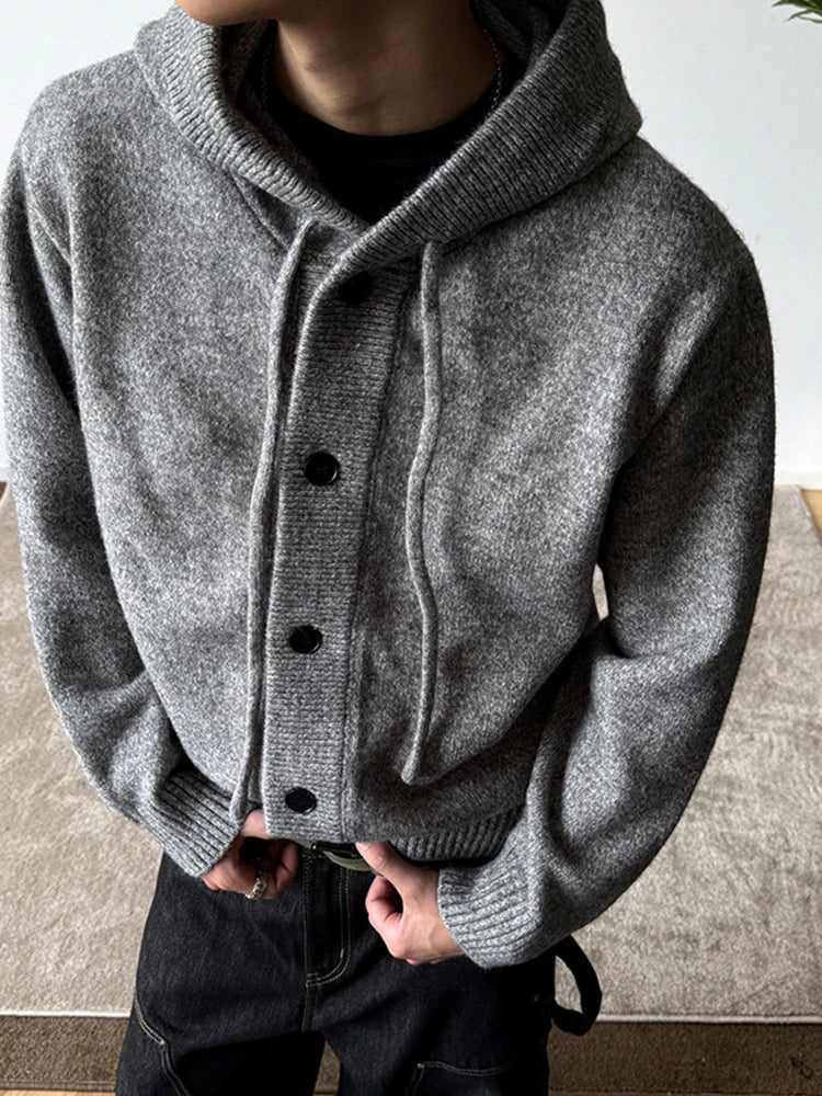 New Casual Luxury Hooded Knitted Cardigan For Man Korean Fashion Loose Button-up Sweater Y2K Vintage Streetwear Knitwear Coat