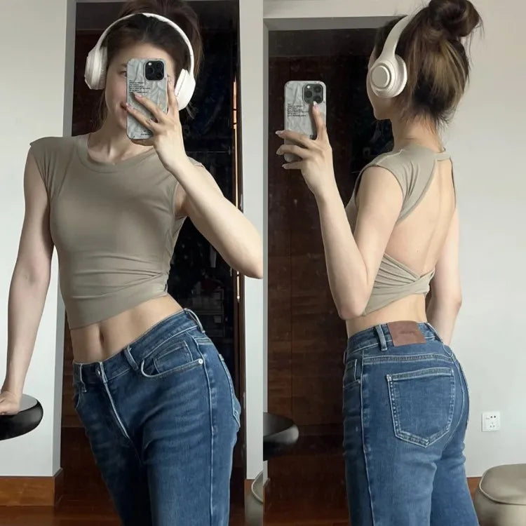 Women's Slim Fit Open Back Sports Tank Built in Fixed Cups Breathable Pilates Yoga Workout Top