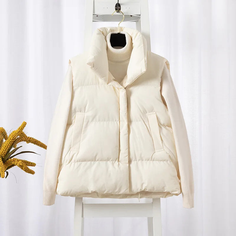 Women Fashion Autumn New 2024 Stand Collar Elegant Down Coats Warm Outerwear Casual Belt Sleeveless Winter Women Vests Jackets