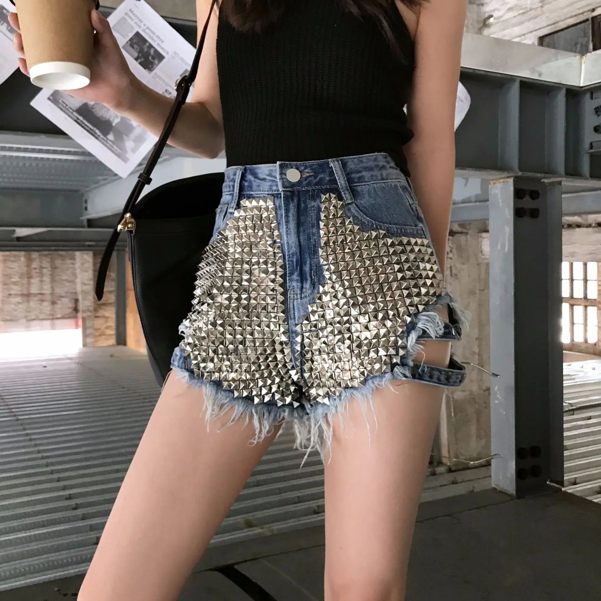 Summer Side Spike Women Denim Shorts 2021 Fashion Loose Holes High Waist Jeans High Street Wide Legs Thin Shorts Women Trousers Main image