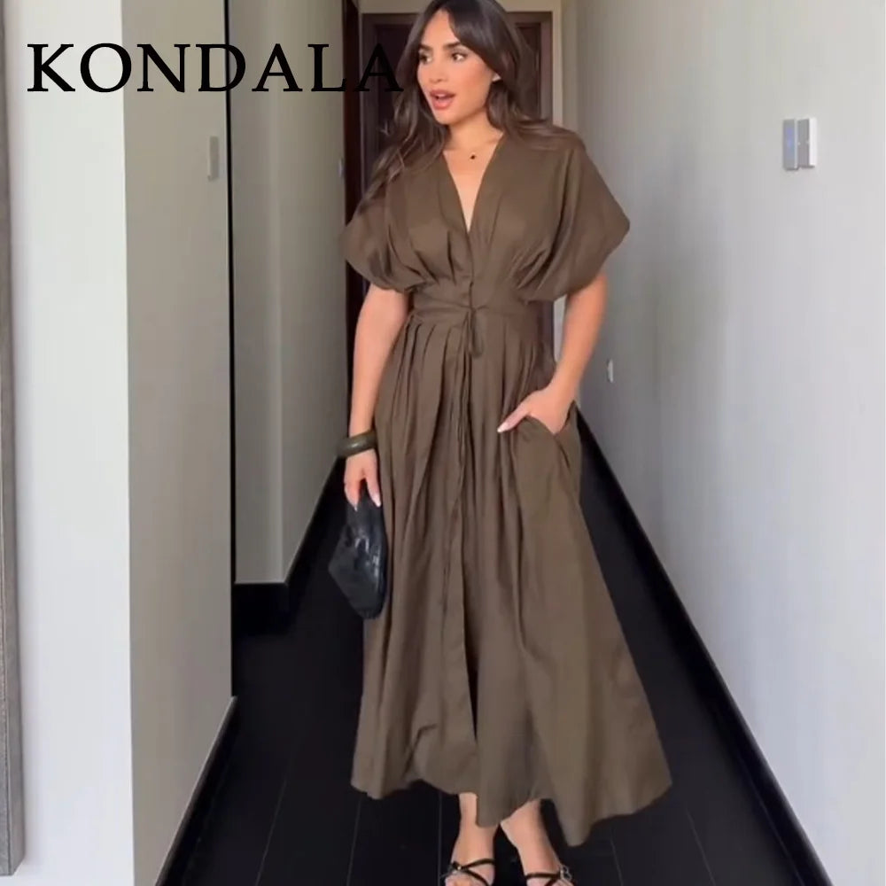 KONDALA 2026 Spring Summer Vintage Women Dress Fashion Single Breasted Sashes Draped V Neck Sleeveless Chic Brown Ladies Dresses