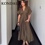 KONDALA 2026 Spring Summer Vintage Women Dress Fashion Single Breasted Sashes Draped V Neck Sleeveless Chic Brown Ladies Dresses