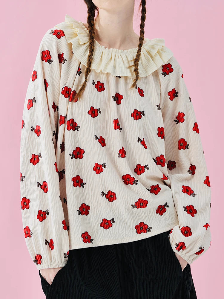 IMAKOKONI Original Design Collar Floral Long Sleeve Hoodie T-shirt for Summer Women 244968