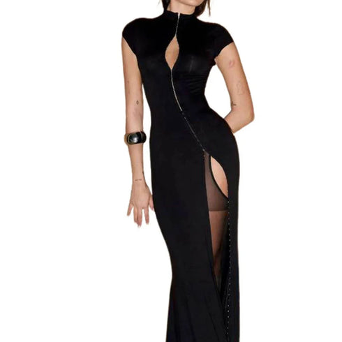 Black High Slit Dresses Half Turtleneck Zipper Slim Hip-Wrapped Long skirt Sexy Hot Girl Nightclub Dress For Women Streetwear