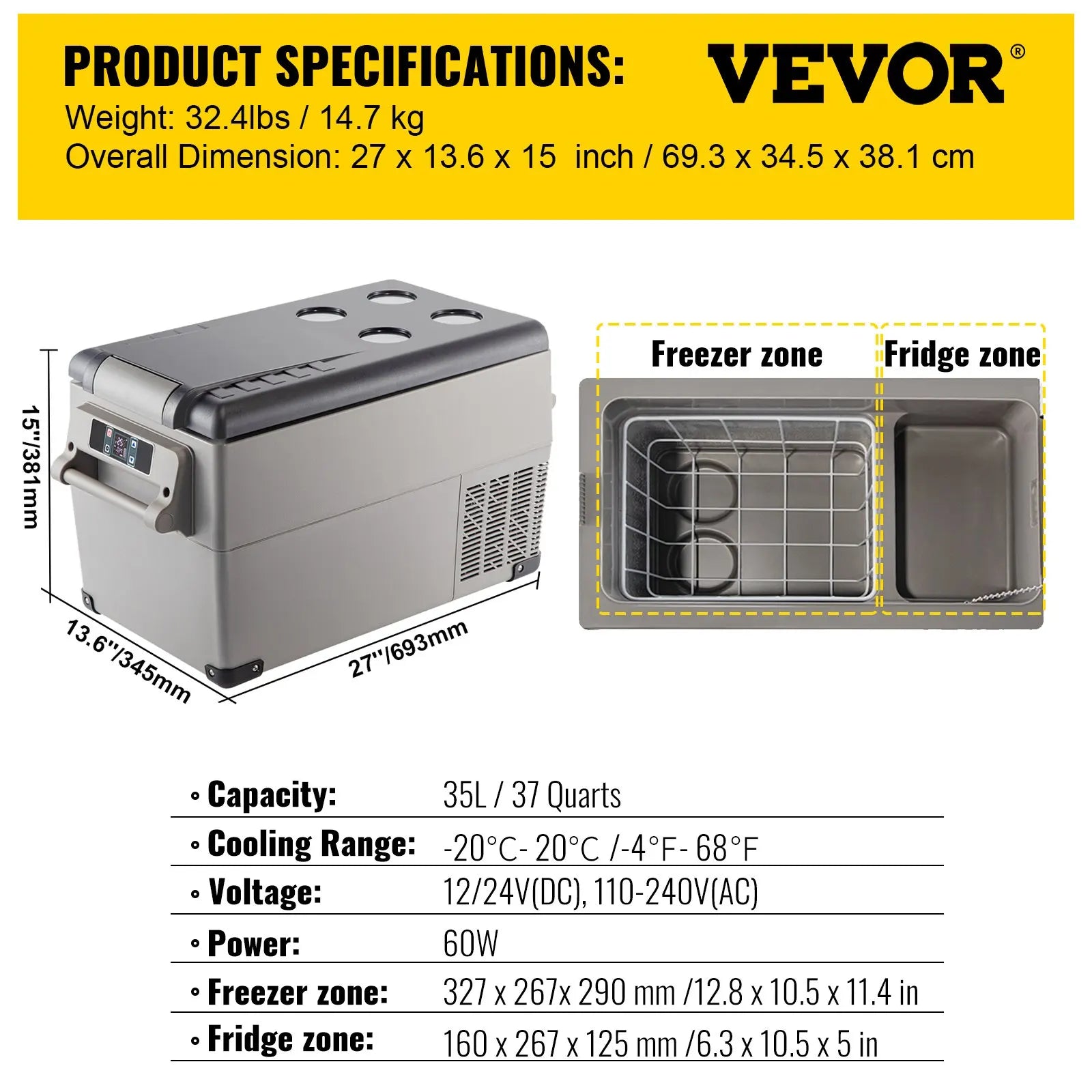 VEVOR 15L-55L portable small refrigerator car refrigerator car truck mini cooler, suitable for driving, traveling, and home use