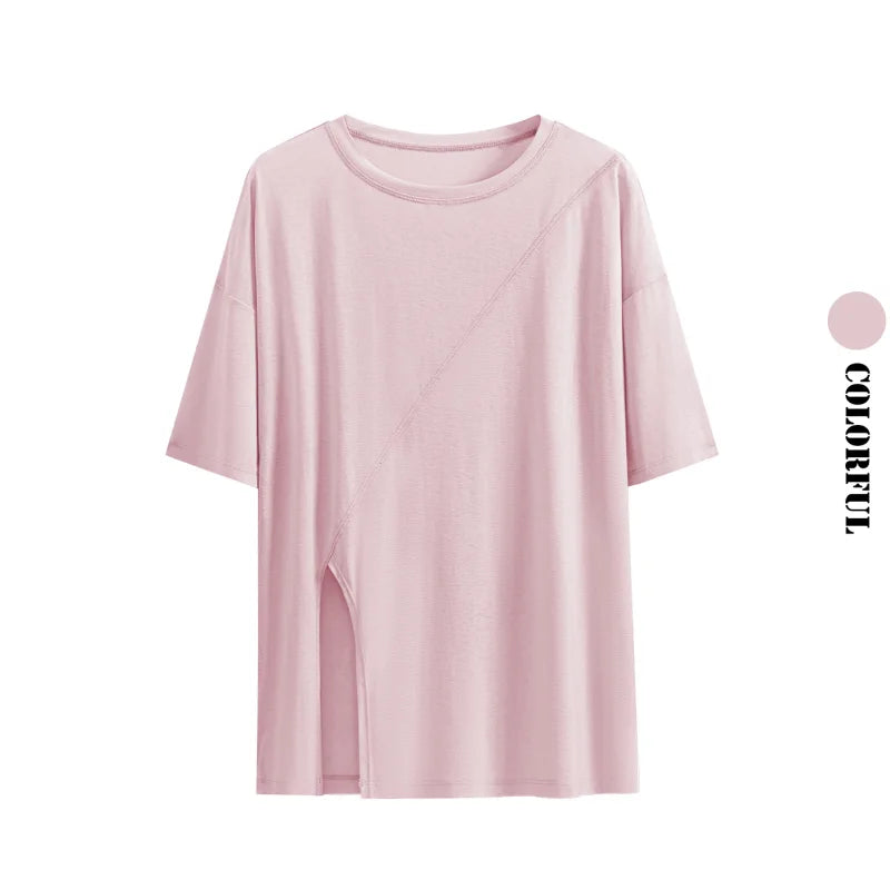 DRUR Women Thin Summer Yoga Shirts Loose Fit Breathable Workout Tops with Side Slits Lightweight Running Sport Tee Athletic Wear