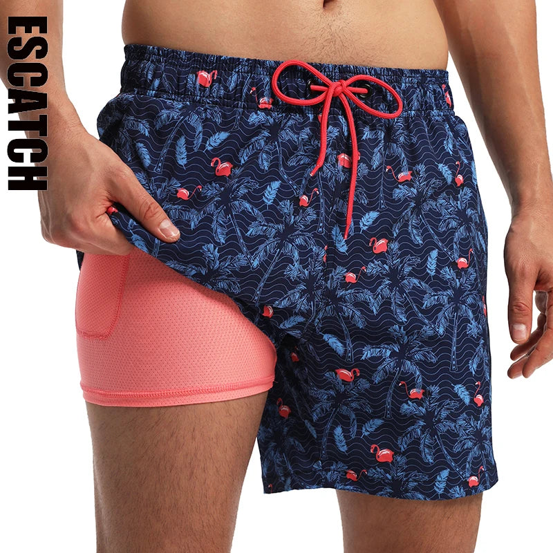 ESCATCH 2026 New Arrival Mens Swimming Trunks Compression Liner 2 in 1 Printing Quick-Dry Gym Sports Mens Shorts Zipper Pockets