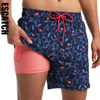 ESCATCH 2026 New Arrival Mens Swimming Trunks Compression Liner 2 in 1 Printing Quick-Dry Gym Sports Mens Shorts Zipper Pockets