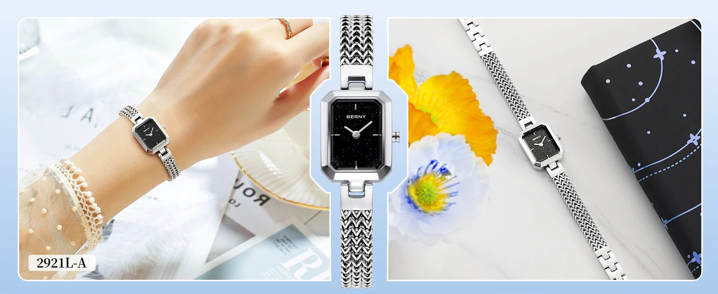 BERNY Square Women Wristwatch Luxury Fashion Quartz watches Minimalist Rectangle Mini Dial Stainless Steel Jewelry Women's Watch
