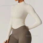 Women's Zipper Crop Sports Jacket Long Sleeve Yoga T-Shirt Solid Quick Dry Fitness Top Gym Running Workout Sportswear