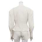 FANTOYE Sexy Deep V-Neck Long Sleeve Shoulder Pads Women 2 Piece Sets Beige Single Breasted Tops Short Pants Winter Lady Outfits
