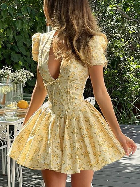 Vintage Floral Print Yellow Pleated Mini Dress Women Summer Puff Sleeve V Neck Party Beach Dresses Elegant Chic Y2K Vestidos