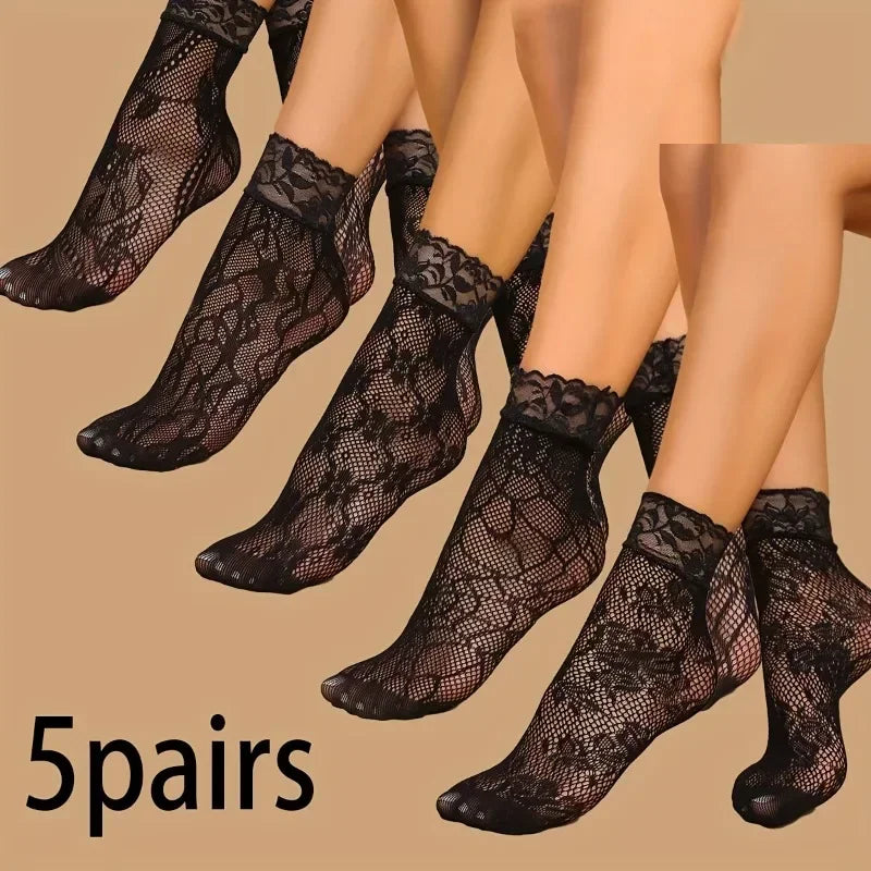 5 Pairs Floral Lace Socks Thin Breathable Short Socks Summer Mesh Lolita Fishing Net Women's Stockings Hosiery Main image