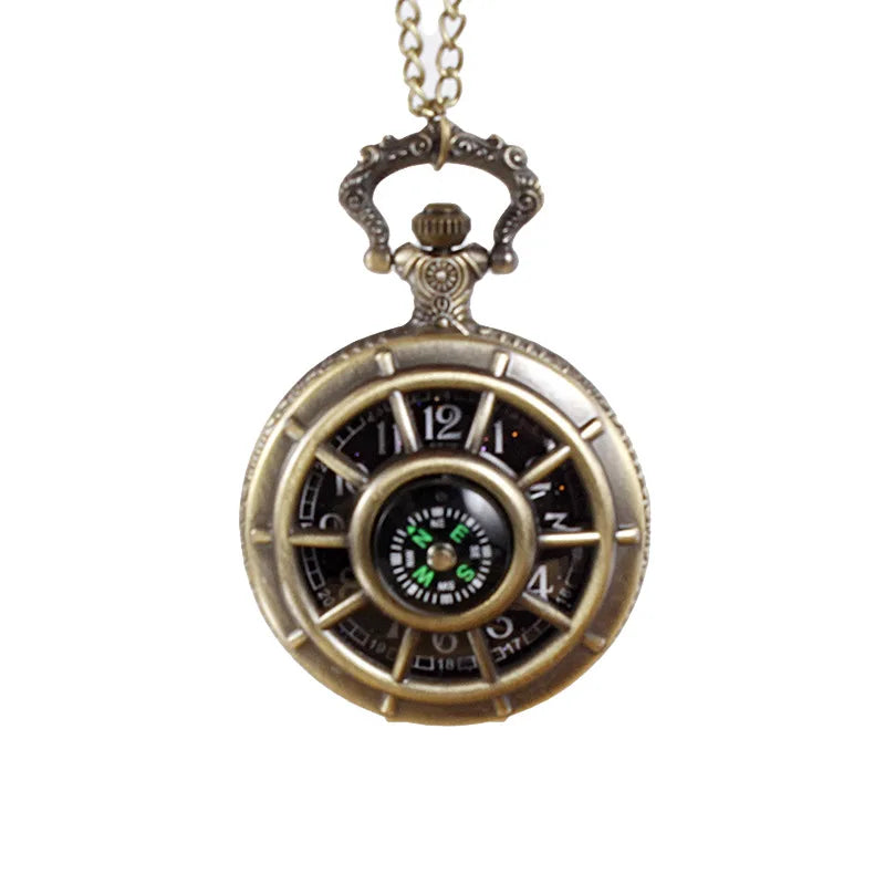 Fashion hollowed out compass pocket watch, outdoor creative flip necklace watch, male and female digital quartz watch