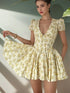 Vintage Floral Print Yellow Pleated Mini Dress Women Summer Puff Sleeve V Neck Party Beach Dresses Elegant Chic Y2K Vestidos