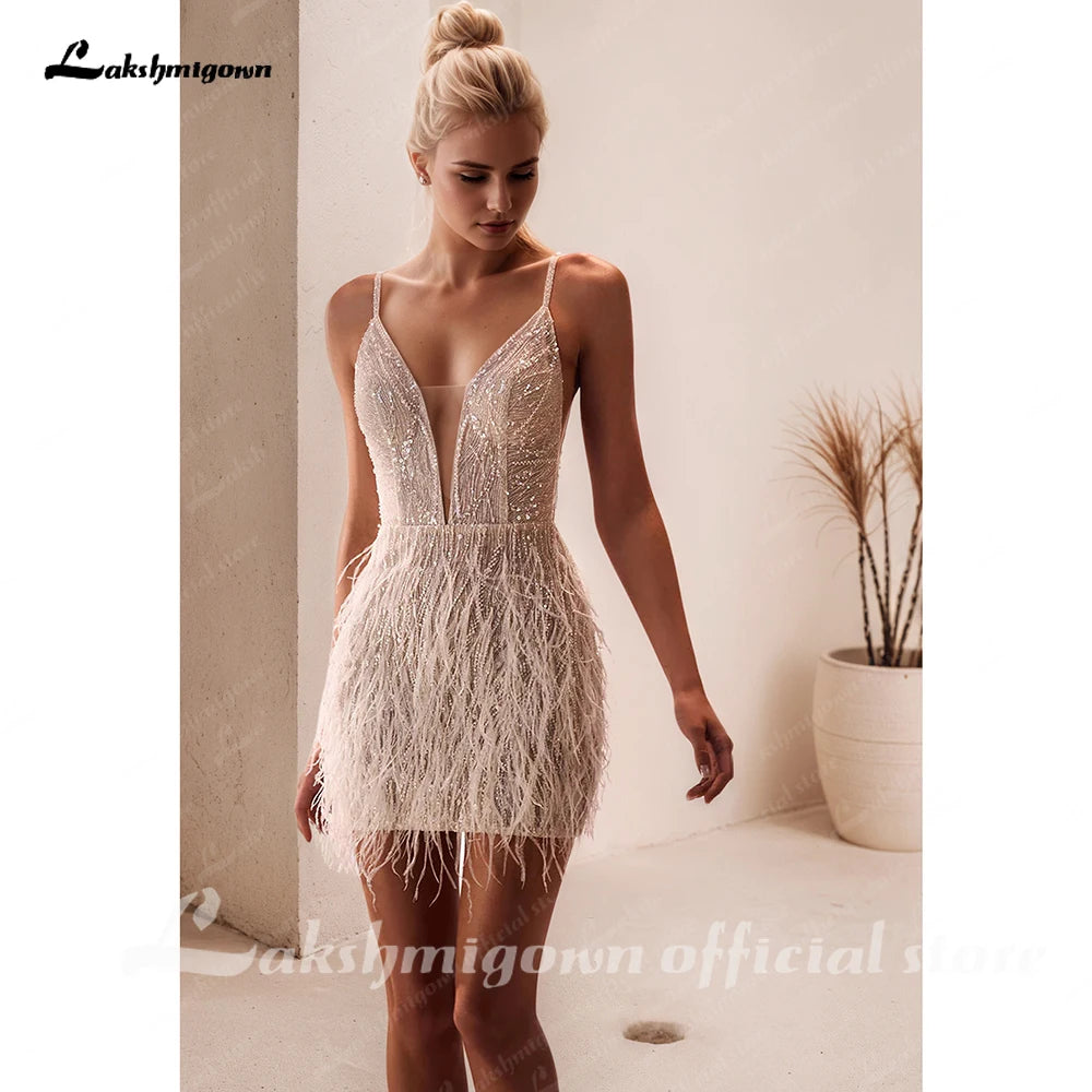 Lakshmigown Sexy Deep V-neck Wedding Dress For Bride Backless Feathers Bridal Gown Vestido De Novia Shiny Customized
